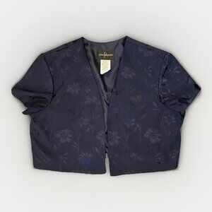 John Roberts Women's Suit Jacket Size 14 Navy Floral Short Sleeve Open Front EUC